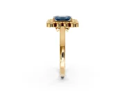 Cluster Halo Engagement Ring Setting for Fancy Blue Emerald Cut Center with Milgrain Bezel Accents and Prong Head in Yellow Gold
