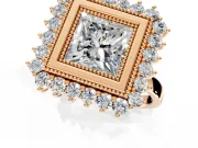 Halo Engagement Ring Setting for Princess Cut Center with Milgrain Bezel Rim, Plain Band and Prong Head in Rose Gold