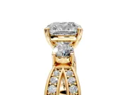 3 Stone Engagement Ring Setting for Cushion Cut Center with Pave Twist Band and Prong Head in Yellow Gold