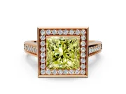 Halo Engagement Ring Setting for Fancy Yellow Princess Cut Center with Outer Bezel Rim, Pave Band and Prong Head in Rose Gold