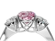 3 Stone Engagement Ring Setting for Fancy Pink Cushion Cut Center with Raised Basket Heads and Prong Head in White Gold