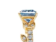 Leaf Motif Engagement Ring Setting for Fancy Blue Princess Cut Center with Pave Band and Prong Head in Yellow Gold