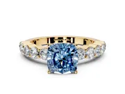 Shared-Prong Engagement Ring Setting for Fancy Blue Cushion Cut Center with Graduated Accents and Prong Head in Yellow Gold