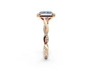 Halo Engagement Ring Setting for Fancy Blue Radiant Cut Center with Pave and Plain Twist Band and Prong Head in Rose Gold