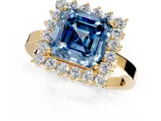 Starburst Halo Engagement Ring Setting for Fancy Blue Asscher Cut Center with Flat Cathedral Band and Prong Head in Yellow Gold