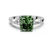 3 Stone Engagement Ring Setting for Fancy Green Radiant Cut Center with Baguette Accents and Prong Head in White Gold
