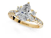 Paired Accent Engagement Ring Setting for Pear-Shaped Center with Pave Band and Prong Head in Yellow Gold