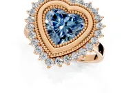 Halo Engagement Ring Setting for Fancy Blue Heart-Shaped Center with Milgrain Bezel Rim, Plain Band and Prong Head in Rose Gold