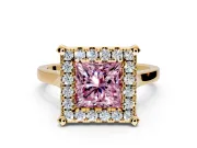 Single Halo Engagement Ring Setting for Fancy Pink Princess Cut Center with Corner Claws, Plain Band and Prong Head in Yellow Gold