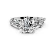 Leaf Motif Engagement Ring Setting for Heart-Shaped Center with Pave Band and Prong Head in White Gold