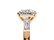 3 Stone Engagement Ring Setting for Radiant Cut Center with Tapered Baguettes, Plain Band and Prong Head in Rose Gold
