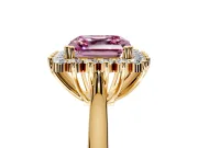 Starburst Halo Engagement Ring Setting for Fancy Pink Asscher Cut Center with Thin Round-Wire Band and Prong Head in Yellow Gold
