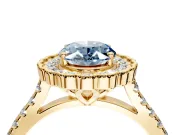 Milgrain Floral Halo Engagement Ring Setting for Fancy Blue Oval Center with Pave Band and Prong Head in Yellow Gold