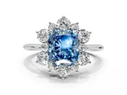 Small-Accent Cluster Halo Engagement Ring Setting for Fancy Blue Radiant Cut Center with Plain Band and Prong Head in Sterling Silver