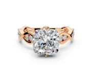Solitaire Engagement Ring Setting for Cushion Cut Center with Accented Twist Band and Leaf Prong Head in Rose Gold