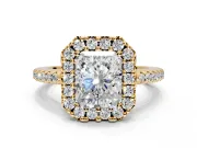 Pave Halo Engagement Ring Setting for Radiant Cut Center with Single Row Pave Band and Prong Head in Yellow Gold