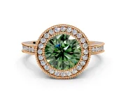 Halo Engagement Ring Setting for Fancy Green Round Cut Center with Milgrain Halo, Pave Band and Prong Head in Rose Gold
