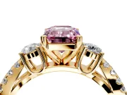 3 Stone Engagement Ring Setting for Fancy Pink Emerald Cut Center with Pave Split Shank and Prong Head in Yellow Gold