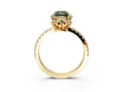 Halo Engagement Ring Setting for Fancy Green Radiant Cut Center with Openwork Halo, Pave Band and Prong Head in Yellow Gold