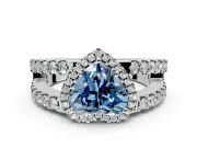 Halo Engagement Ring Setting for Fancy Blue Heart-Shaped Center with Wide-Open Pave Split Shank and Prong Head in Sterling Silver