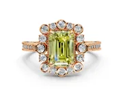 Milgrain Halo Engagement Ring Setting for Fancy Yellow Emerald Cut Center with Bezel Point Accents and Prong Head in Rose Gold