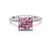 Solitaire Engagement Ring Setting for Fancy Pink Princess Cut Center with Plain Twisted Rope Band and Prong Head in Sterling Silver