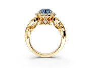 Milgrain Halo Engagement Ring Setting for Fancy Blue Round Cut Center with Shoulder Bezels and Prong Head in Yellow Gold