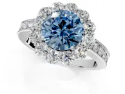 Halo Engagement Ring Setting for Fancy Blue Round Cut Center with Milgrain Channel Band and Prong Head in Platinum