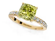 Solitaire Engagement Ring Setting for Fancy Yellow Cushion Cut Center with Round Cut Pave Band and Prong Head in Yellow Gold