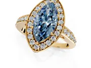 Bezel-Framed Halo Engagement Ring Setting for Fancy Blue Marquise Center with Pave Band and Prong Head in Yellow Gold