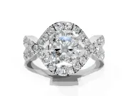 Halo Engagement Ring Setting for Radiant Cut Center with Pave Infinity Twist Band and Prong Head in Platinum