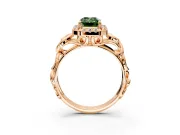 Halo Engagement Ring Setting for Fancy Green Emerald Cut Center with Open Scroll Shoulders and Prong Head in Rose Gold