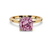 Hidden Halo Engagement Ring Setting for Fancy Pink Cushion Cut Center with Thin Round-Wire Band and Prong Head in Yellow Gold