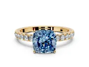 Solitaire Engagement Ring Setting for Fancy Blue Cushion Cut Center with Large Accent Band and Prong Head in Yellow Gold