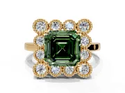 Cluster Halo Engagement Ring Setting for Fancy Green Asscher Cut Center with Milgrain Bezel Accents and Prong Head in Yellow Gold