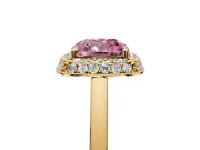 Halo Engagement Ring Setting for Fancy Pink Cushion Cut Center with Plain Tapered Band and Prong Head in Yellow Gold