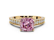 Solitaire Engagement Ring Setting for Fancy Pink Cushion Cut Center with Milgrain-Framed Pave Band and Prong Head in Yellow Gold