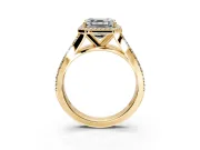 Halo Engagement Ring Setting for Asscher Cut Center with Narrow Pave Split Shank and Prong Head in Yellow Gold