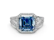 Halo Engagement Ring Setting for Fancy Blue Asscher Cut Center with Narrow Pave Split Shank and Prong Head in Platinum