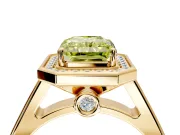 Halo Engagement Ring Setting for Fancy Yellow Emerald Cut Center with Outer Bezel Rim, Pave Band and Prong Head in Yellow Gold