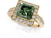 Bezel-Framed Halo Engagement Ring Setting for Fancy Green Princess Cut Center with Pave Band and Prong Head in Yellow Gold