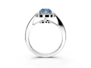 Bezel-Framed Halo Engagement Ring Setting for Fancy Blue Cushion Cut Center with Pave Band and Prong Head in Platinum