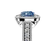 Milgrain Halo Engagement Ring Setting for Fancy Blue Cushion Cut Center with Pave Band and Prong Head in Platinum