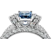 Pave Engagement Ring Setting for Fancy Blue Emerald Cut Center with Curved Accent Rows, Openwork and Prong Head in Platinum
