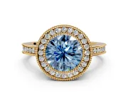 Halo Engagement Ring Setting for Fancy Blue Round Cut Center with Milgrain Halo, Pave Band and Prong Head in Yellow Gold