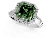 Halo Engagement Ring Setting for Fancy Green Asscher Cut Center with Knife Ridge Cathedral Band and Prong Head in White Gold