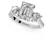 3 Stone Engagement Ring Setting for Emerald Cut Center with Crossover Basket, Pave Band and Prong Head in Platinum
