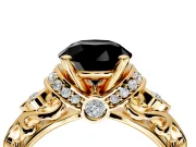 Solitaire Engagement Ring Setting for Fancy Black Round Cut Center with Filigree Band and Prong Head in Yellow Gold