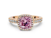 Halo Engagement Ring Setting for Fancy Pink Cushion Cut Center with Full Pave Band and Prong Head in Rose Gold