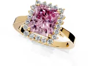 Starburst Halo Engagement Ring Setting for Fancy Pink Radiant Cut Center with Flat Cathedral Band and Prong Head in Yellow Gold